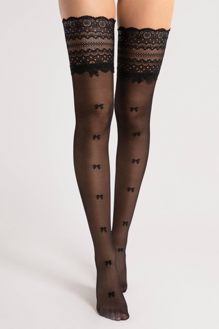 Fiore Coquette Bow Pattern Hold Ups Black 15 Denier