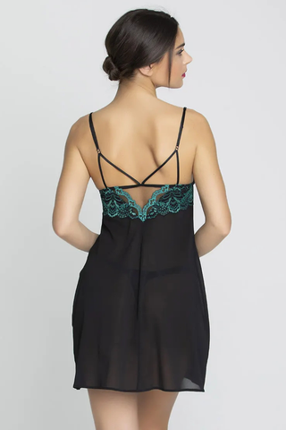 Lise Charmel Secrete Emeraude Black Sheer Mesh Nightie with multicoloured embroidery