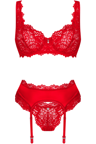 Obsessive Amor Cherris Bra, Thong & Suspender Red