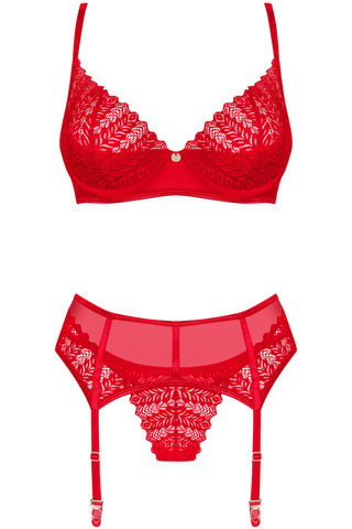 Obsessive Ingridia Bra, Thong & Suspender Set Red