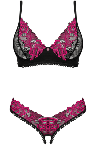 Obsessive Rosenty Bra & Crotchless Thong Black