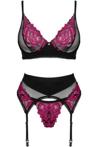 Obsessive Rosenty Bra, Thong & Suspender Black