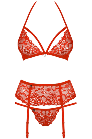 Obsessive Lace Bra, Thong & Garter Belt Red 838-SEG-3