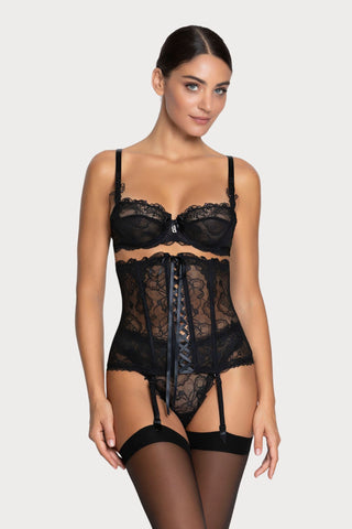 Lise Charmel's iconic Soir de Venise lingerie set - Half cup bra, waspie and thong in black
