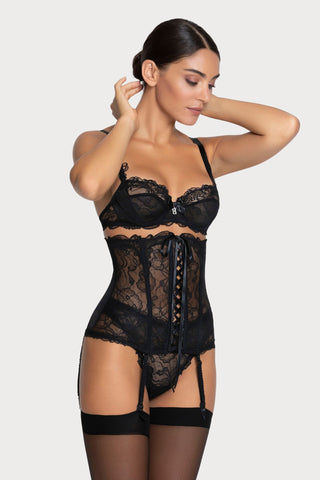 Lise Charmel Soir de Venise Half Cup Bra, Waspie and Thong in Black leavers lace