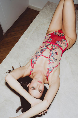 Atelier Amour Oiseau de Paradis Thong Bodysuit in Cherry - Naughty Knickers