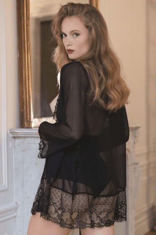 Cadolle Striped Chiffon & Lace Kimono Black