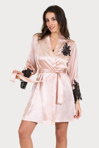 Clara Rossi Blush Italian Silk Robe with Black Lace - Naughty Knickers