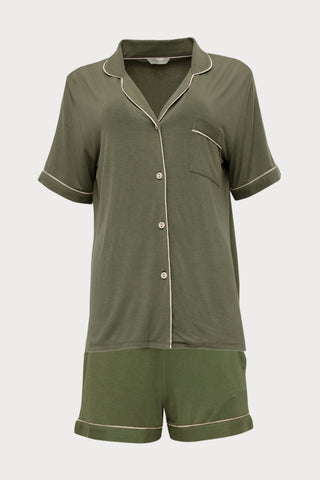 Savannah Olive Revere Jersey Shorty Pyjama Set, Size UK 10