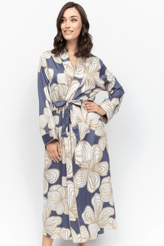 Fable & Eve Hyde Park Floral Print Long Dressing Gown Slate Blue