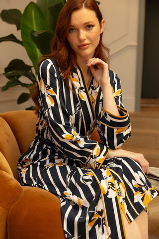 Fable & Eve Knightsbridge Floral Stripe Print Dressing Gown Navy