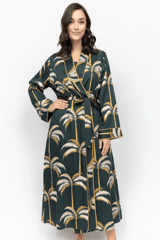 Fable & Eve Pimlico Palm Print Long Dressing Gown Emerald Green