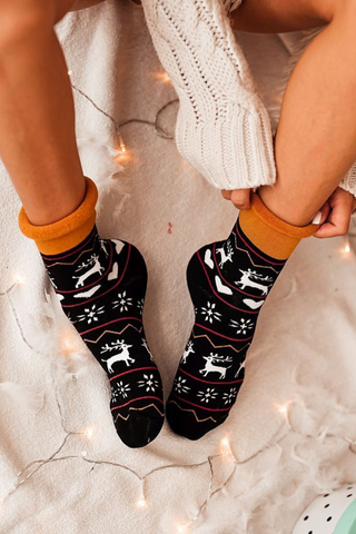 FiORE Caribou Cotton Terry Socks Black & Toffee - Reindeer Pattern Socks