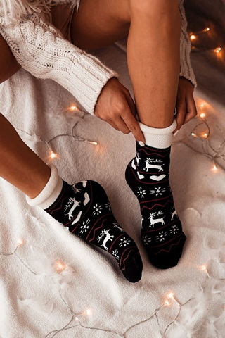 FiORE Caribou Cotton Terry Socks Black & White - Reindeer Pattern Socks