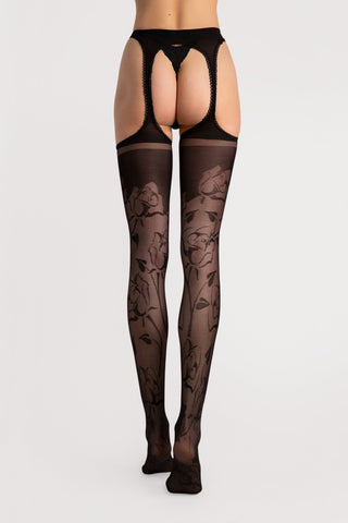 FiORE Sensual Amorosa Floral Pattern Suspender Tights Black 30 Denier
