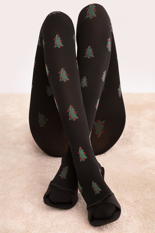FiORE So Quiet Christmas Tree Pattern Tights Black & Green 60 Denier