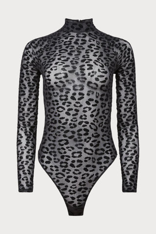 Black Flocked Leopard Bodysuit, Size L (UK 12-14)
