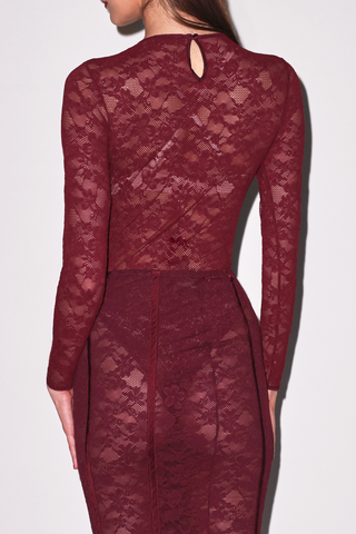 Fleur du Mal Le Stretch Lace Long Sleeve Bodysuit Auburn
