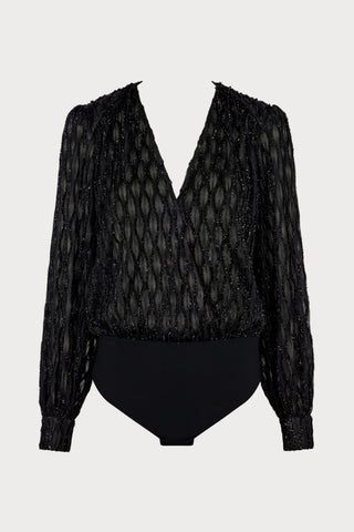 Les Bodys Black Long Sleeve Metallic Thread Bodysuit