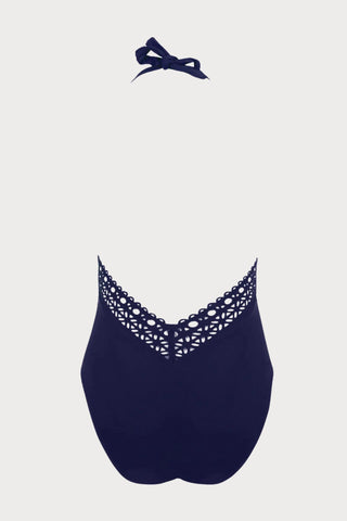 Ajourage Couture Plunging Back Halter Swimsuit in Navy