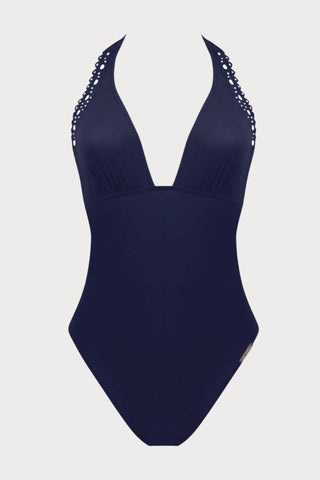 Ajourage Couture Plunging Back Halter Swimsuit in Navy
