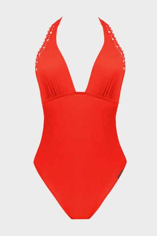 Ajourage Couture Plunging Back Halter Orange Swimsuit