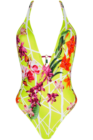 Women's Lime Floral Pattern Halterneck One Piece Swimwear - Lise Charmel Fleurs Splendeur 