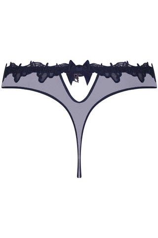 Lise Charmel Soir de Venise navy lace mini thong with satin bow and crystal mask charm