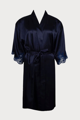 Splendeur Soie Navy Mid Length Silk Robe, Size XS (UK 8)