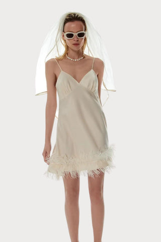 Honey Marabou Feather Trim Satin Slip Dress, Size XS (UK 6)