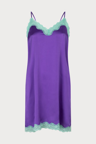 Willow Purple Satin Slip Dress with Mint Lace, Size M (UK 10)