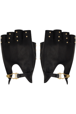  Womens Black Leather Mittens with Golden Studs with Hardware by French lingerie brand Maison Close