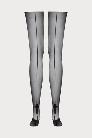 Maison Close Cut & Curled Back Seam Stockings with Cross Black 20 Denier