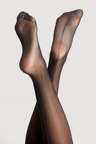 Maison Close Cut & Curled Lurex Purple Seam Stockings 20 Denier Black