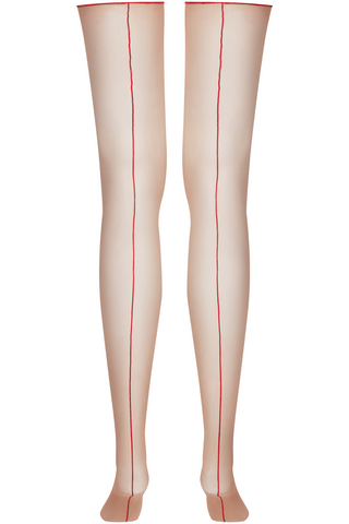 Maison Close Sheer Cut & Curled Back Seamed Stockings Nude/Red