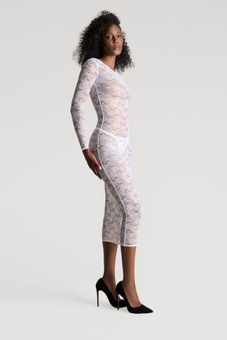 Maison Close Flashback Lace Long Sleeve Midi Dress White