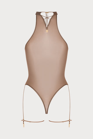 French Kiss Light Mocha Garter Thong Bodysuit