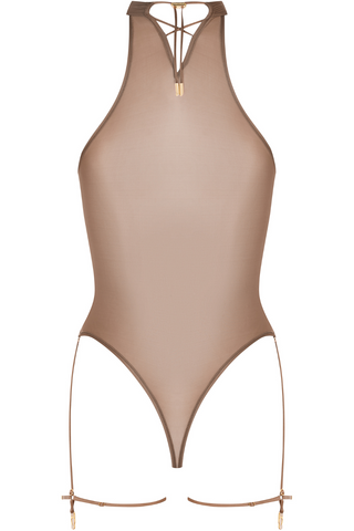Maison Close French Kiss Light Mocha Sheer Garter Thong Bodysuit