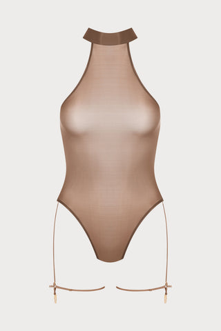 French Kiss Light Mocha Garter Thong Bodysuit