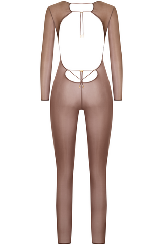 Maison Close French Kiss Light Mocha Sheer Long Sleeve Jumpsuit