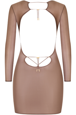 Maison Close French Kiss Light Mocha Sheer Long Sleeve Mini Dress