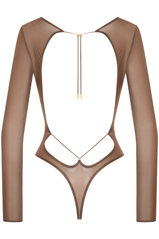 Maison Close French Kiss Light Mocha Sheer Long Sleeve Thong Bodysuit