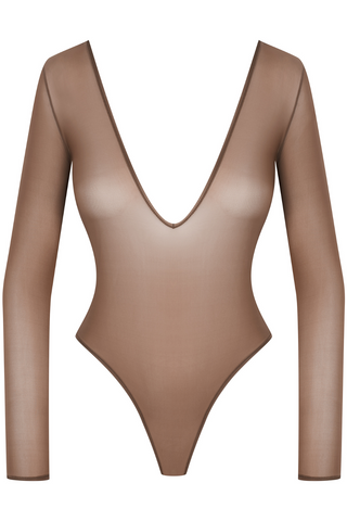 Maison Close French Kiss Light Mocha Sheer Long Sleeve Thong Bodysuit