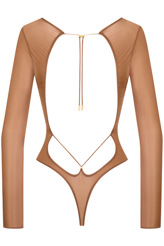 Maison Close French Kiss Light Sienna Sheer Long Sleeve Thong Bodysuit