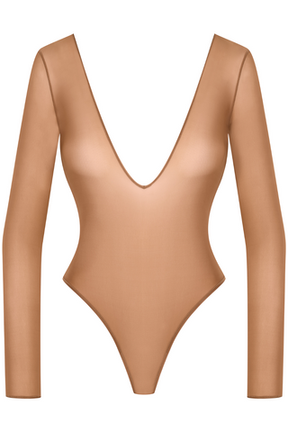 Maison Close French Kiss Light Sienna Sheer Long Sleeve Thong Bodysuit