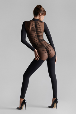 Maison Close Nuit Fauve Long Sleeve Sheer Back Catsuit Black