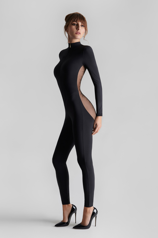 Maison Close Nuit Fauve Long Sleeve Sheer Back Catsuit Black