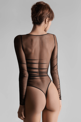 Maison Close Nuit Fauve Sheer Long Sleeve Thong Body Black