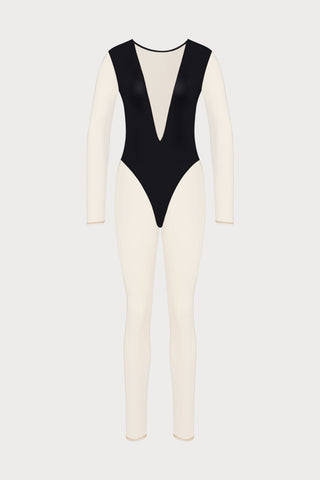 Pure Tentation Long Sleeve Jumpsuit in Black & Nude