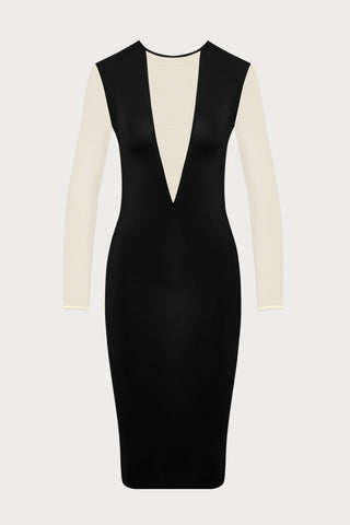 Pure Tentation Long Sleeve Midi Dress in Black & Nude